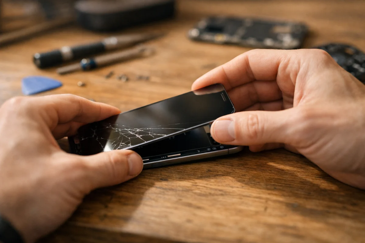 Techniker tauscht gesprungenes Smartphone-Display in einer Werkstatt aus