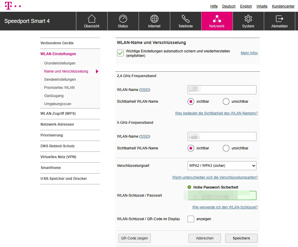Speedport Smart 4 WLAN-Einstellungen: Name, Verschlüsselung und Passwort-Feld