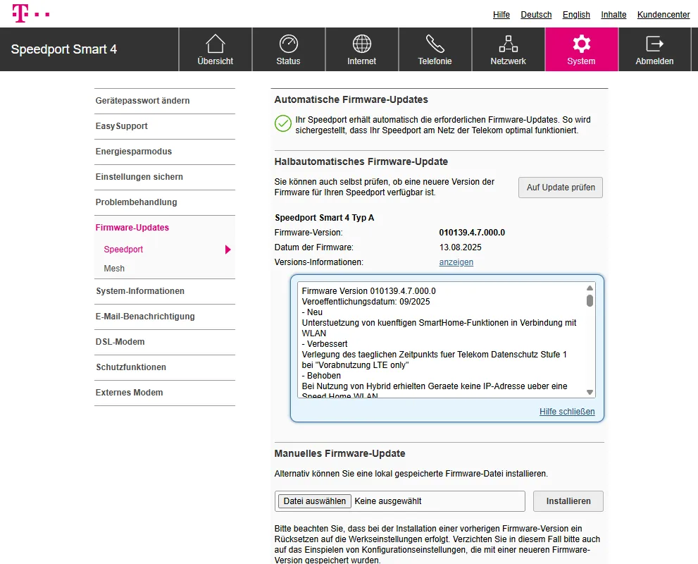 Firmware-Updates am Speedport Smart 4 mit Version und Update-Button