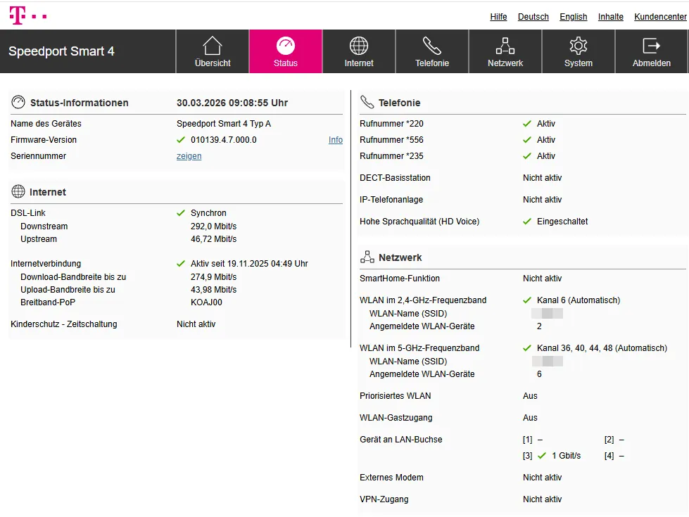 Statusübersicht des Speedport Smart 4 mit Internet- und Netzwerk-Informationen