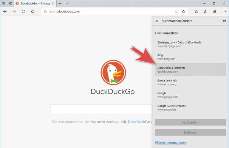 DuckDuckGo als Standardsuchmaschine im Microsoft Edge Browser