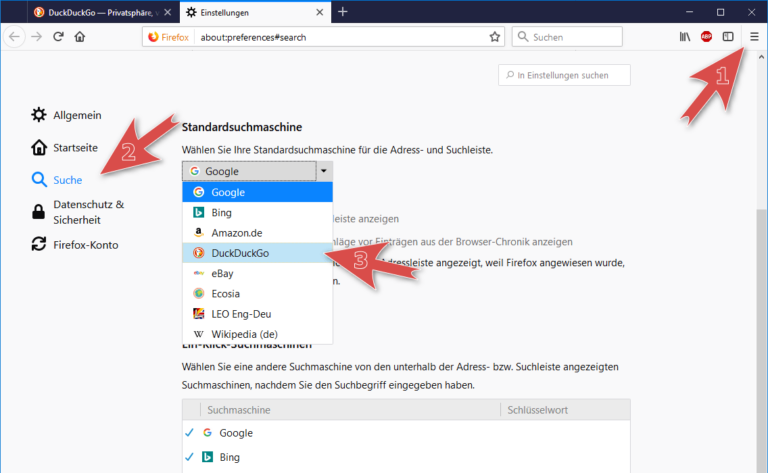 DuckDuckGo als Standardsuchmaschine im Firefox einrichten