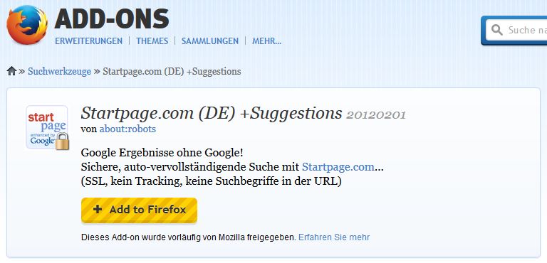 Startpage.com Suche beim Firefox hinzufügen