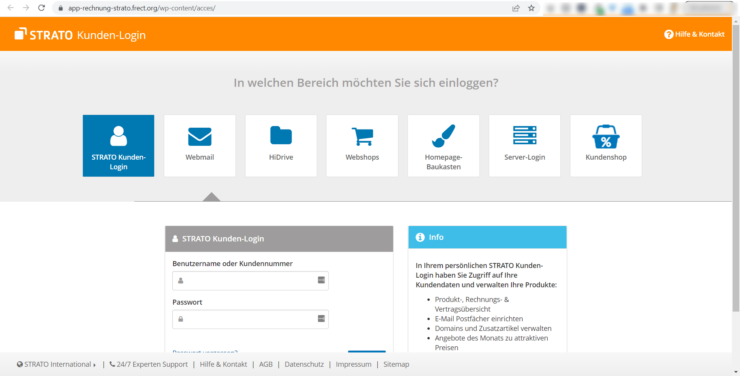 Zielseite mit Strato-Login