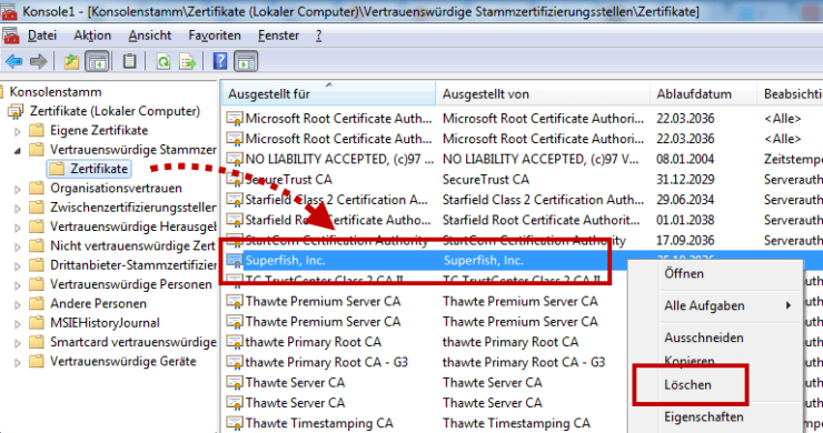 Superfish Zertifikat löschen