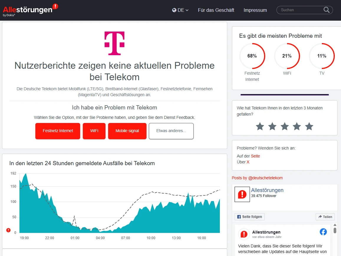 Screenshot der Website Alle Störungen mit Infos zur Erreichbarkeit der Telekom