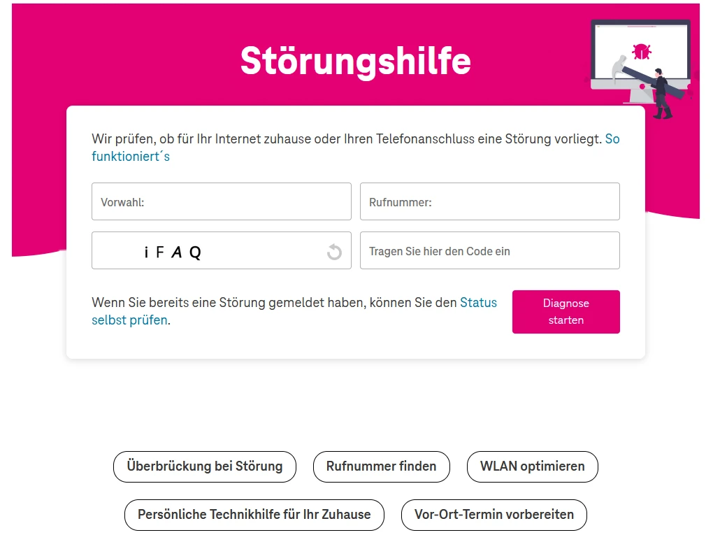 Screenshot der Störungshilfeseite der Telekom