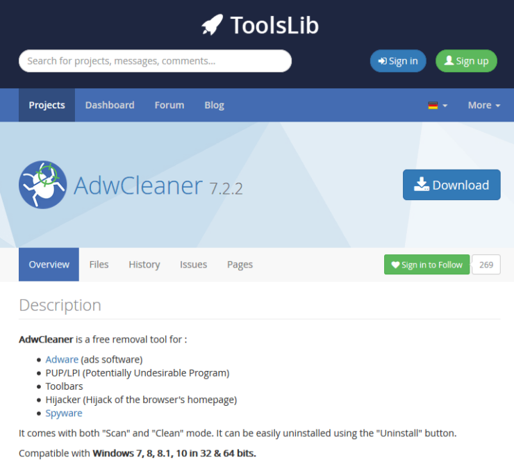 Empfohlener AdwCleaner Download bei Toolslib.net