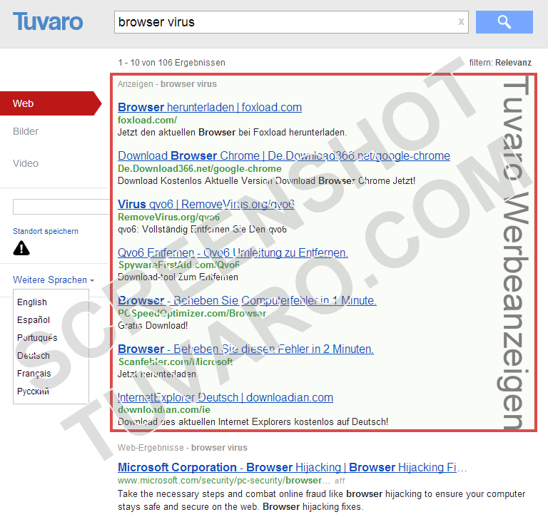 Screenshot: Tuvaro.com Suchergebnisseite