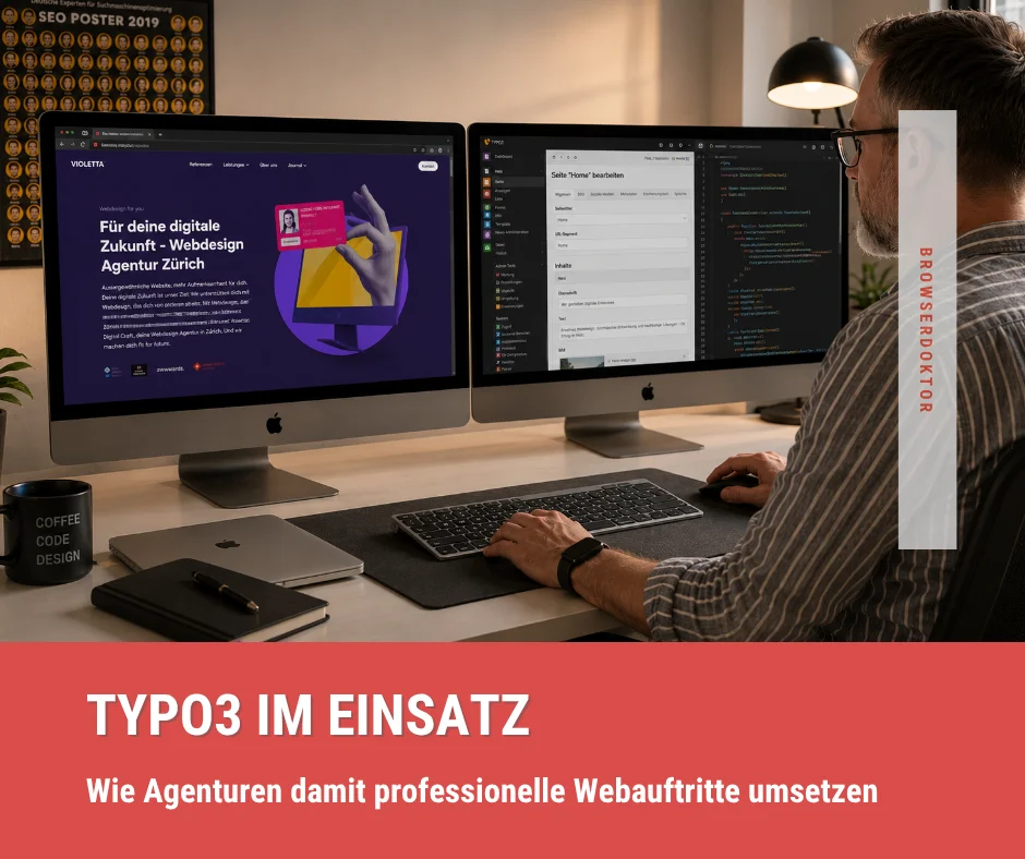Moderner Webdesigner an zwei 27-Zoll-Monitoren mit TYPO3-Backend und Entwicklungseditor im Mac-Workspace – SEO Poster 2019 im Hintergrund