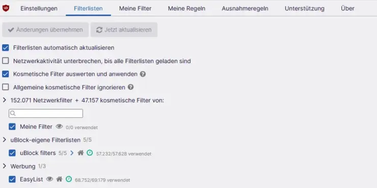uBlock Origin Einstellungen und Filterlisten