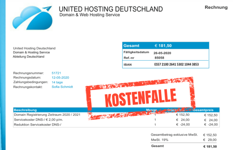 United Hosting Deutschland Fake-Rechnung vom Mai 2020