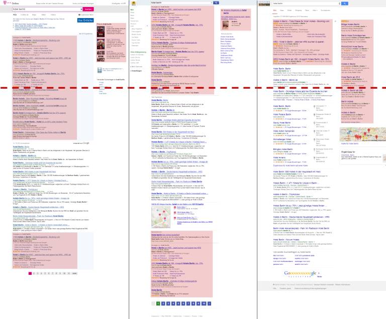 Vergleich der Suche nach Hotel Berlin zwischen T-Online, Web.de und Google Vergleich zwischen T-Online, Web.de und Google