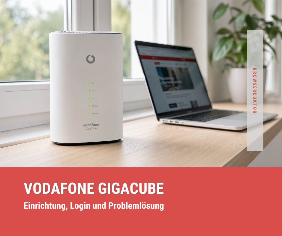 Vodafone GigaCube Router neben einem Laptop auf einer hellen Fensterbank