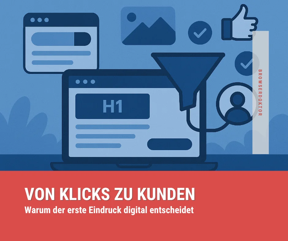 Illustration einer optimierten Landingpage mit Conversion-Elementen wie Funnel, Benutzer-Icon, Daumen-hoch-Symbolen und strukturierter Seitenansicht im Flat Design
