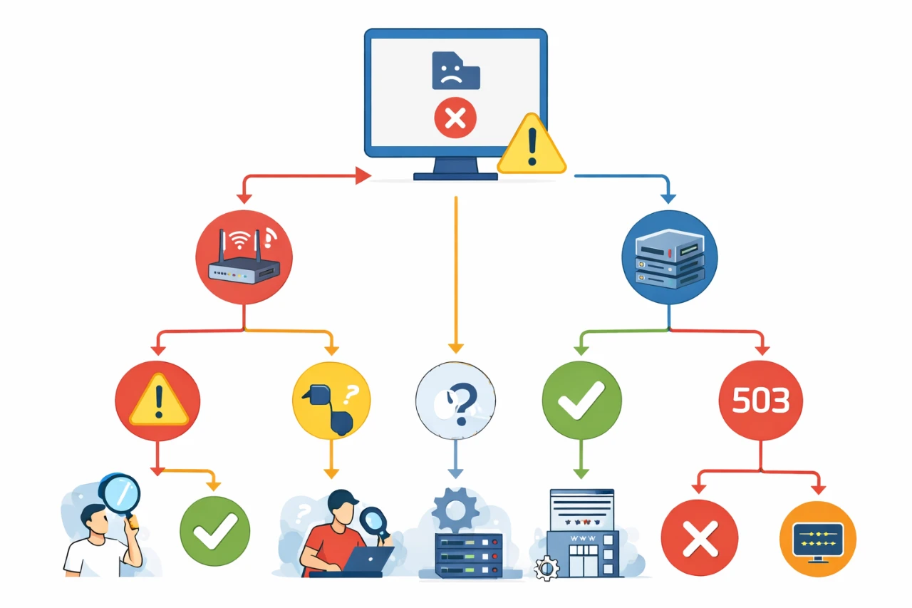 Grafik zur Schnelldiagnose: Website lädt nicht – Entscheidungshilfe zwischen Browser-, Netzwerk- und Serverproblem mit Fehlercode 503