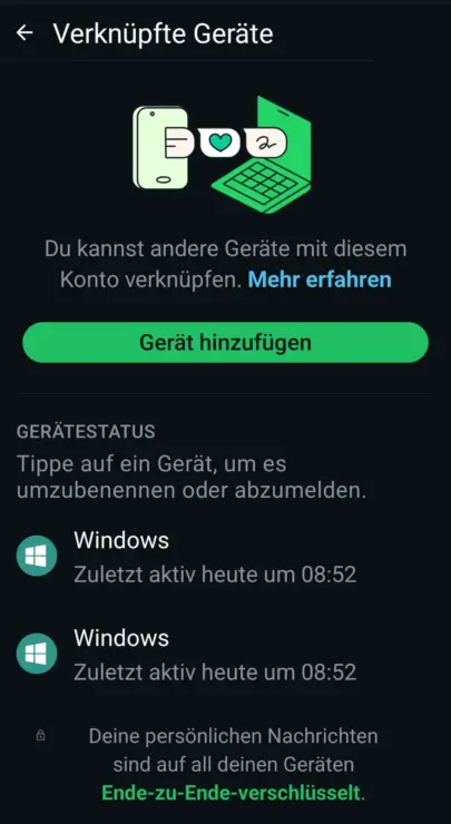 Liste verknüpfter Geräte in WhatsApp prüfen und unbekannte Sitzungen abmelden