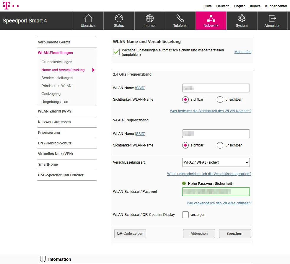 WLAN-Name und Verschlüsselung am Speedport Smart 4 mit WPA2/WPA3 Auswahl