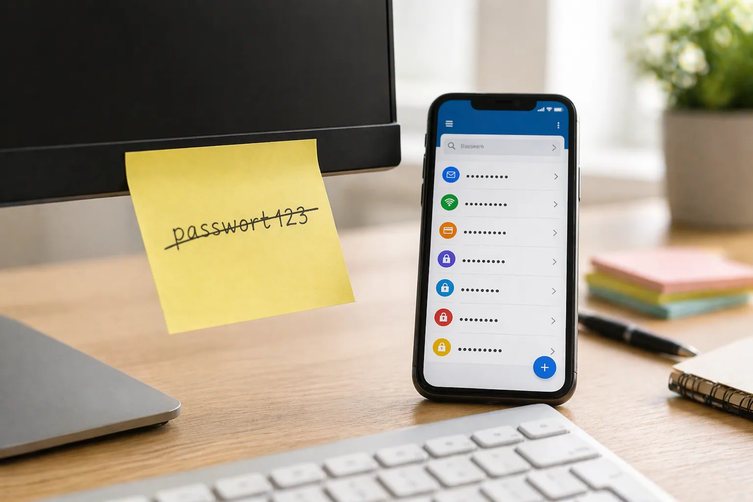 Post-It mit durchgestrichenem passwort123 neben Smartphone mit Passwort-Manager