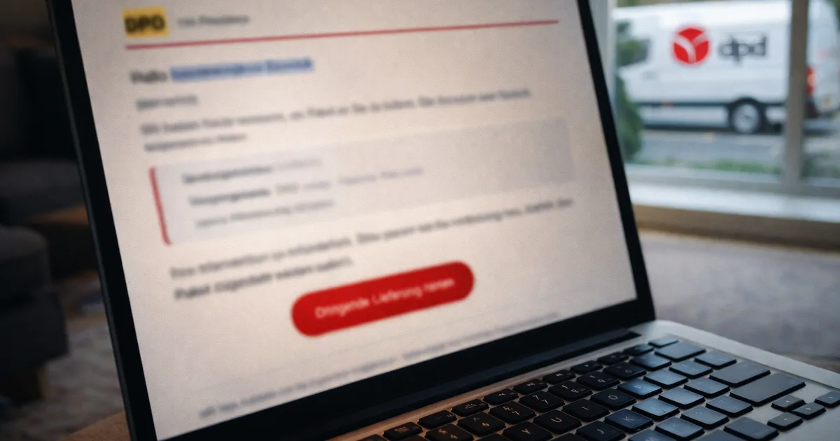 Gefälschte DPD Phishing-Mail mit rotem Button