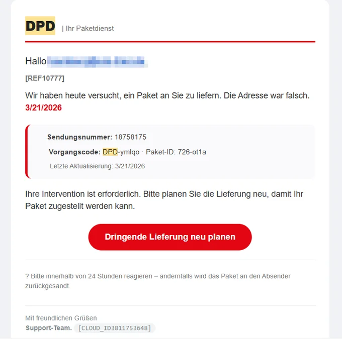 Screenshot der gefälschten DPD Phishing-Mail mit Sendungsnummer, Vorgangscode und rotem Button
