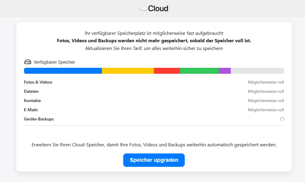 Screenshot: Gef&auml;lschte Cloud-Speicher-Warnung mit buntem Ladebalken und Speicher-upgraden-Button