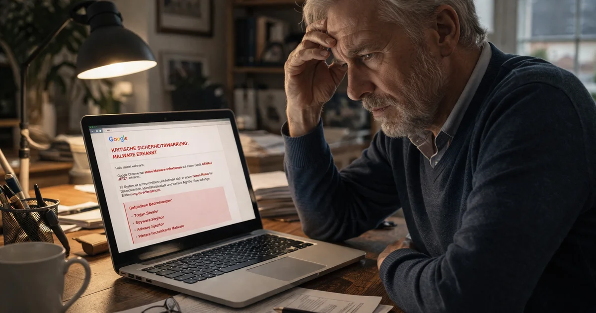 Person schaut besorgt auf Laptop mit roter Warnmeldung