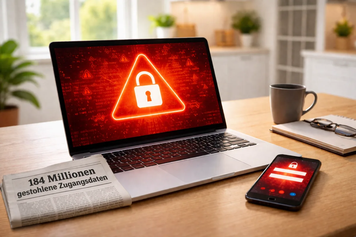 Laptop mit roter Warnmeldung auf dem Bildschirm, daneben ein Smartphone