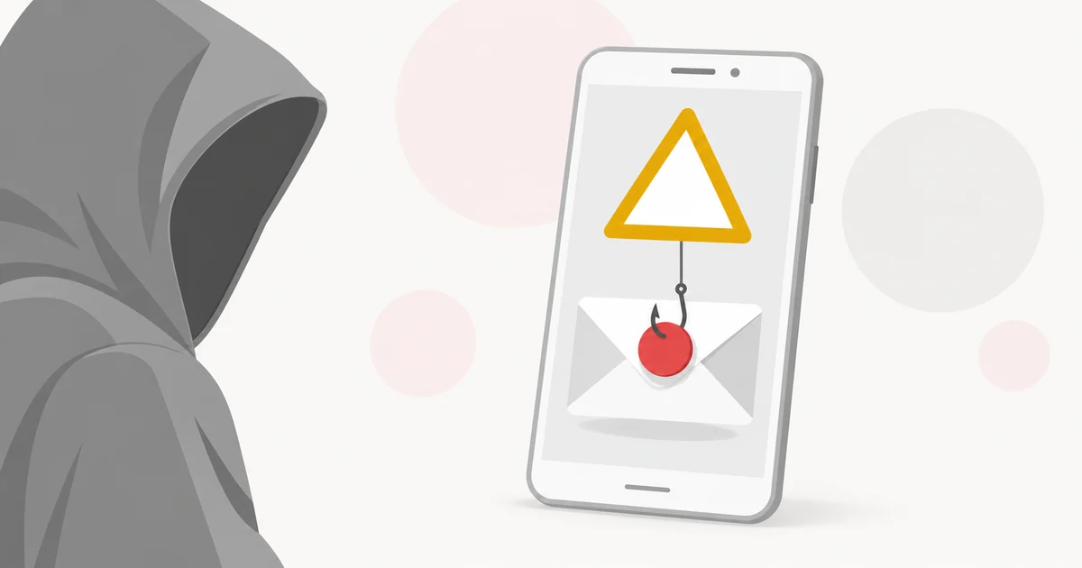 Grau gezeichnete Kapuzenfigur am Bildrand, daneben ein Smartphone mit gelbem Warndreieck und einem Angelhaken mit roter Münze an einem Briefsymbol