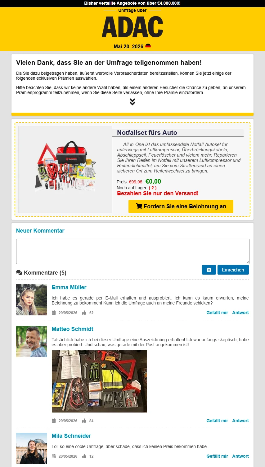 Bestellseite mit Notfallset-Foto und Versandkostenangabe