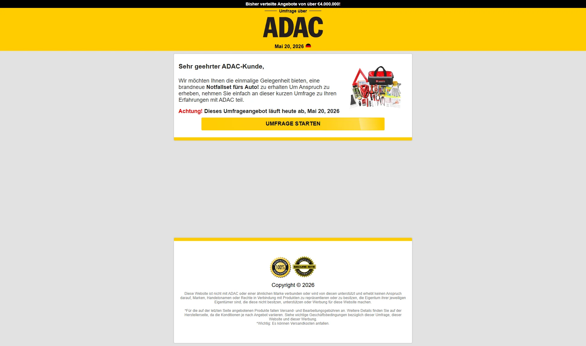 Phishing-Zielseite mit ADAC-Logo und Notfallset-Foto, Aufforderung zur Umfrage