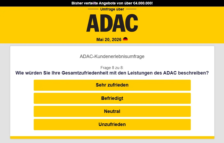 Acht Fragen zur ADAC-Zufriedenheit auf der Phishing-Seite