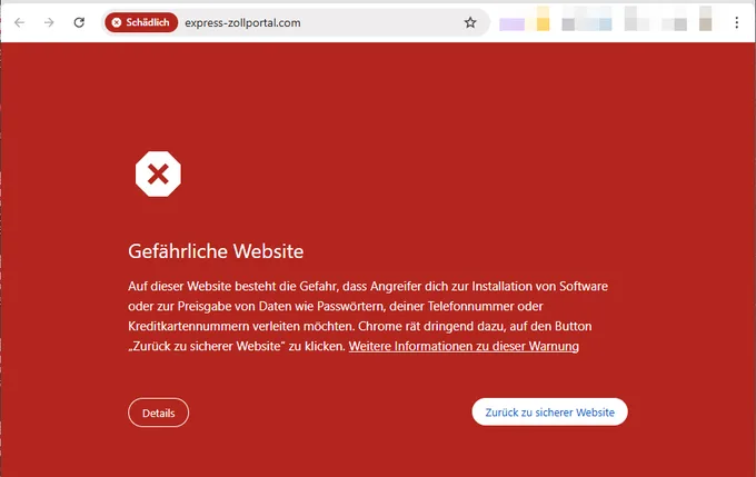 Chrome blockiert express-zollportal (.) com mit der Warnung Gefährliche Website