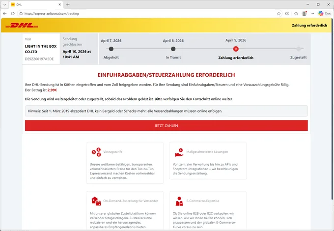 Gefälschte DHL-Zollportal-Seite in Microsoft Edge