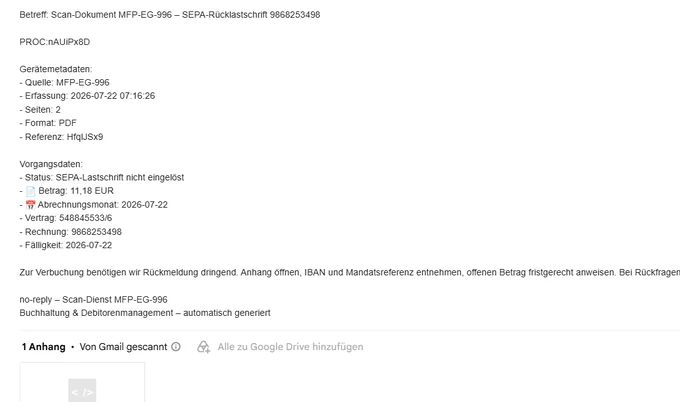 Betrugsmail SEPA-R&uuml;cklastschrift, getarnt als eingescanntes Dokument mit HTML-Anhang