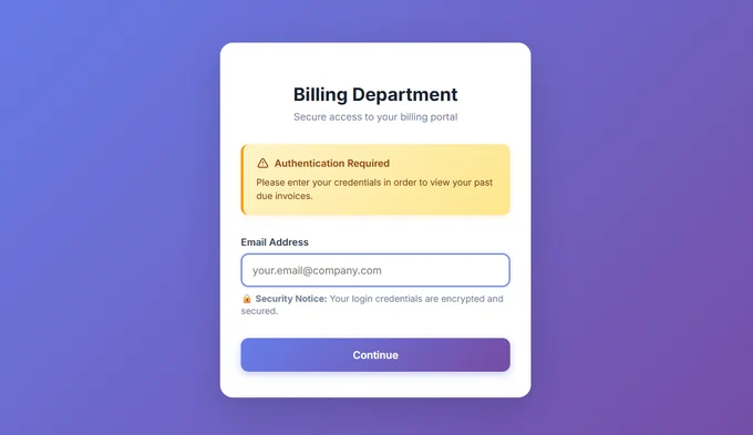 Gef&auml;lschte Login-Seite Billing Department aus einem HTML-Phishing-Anhang