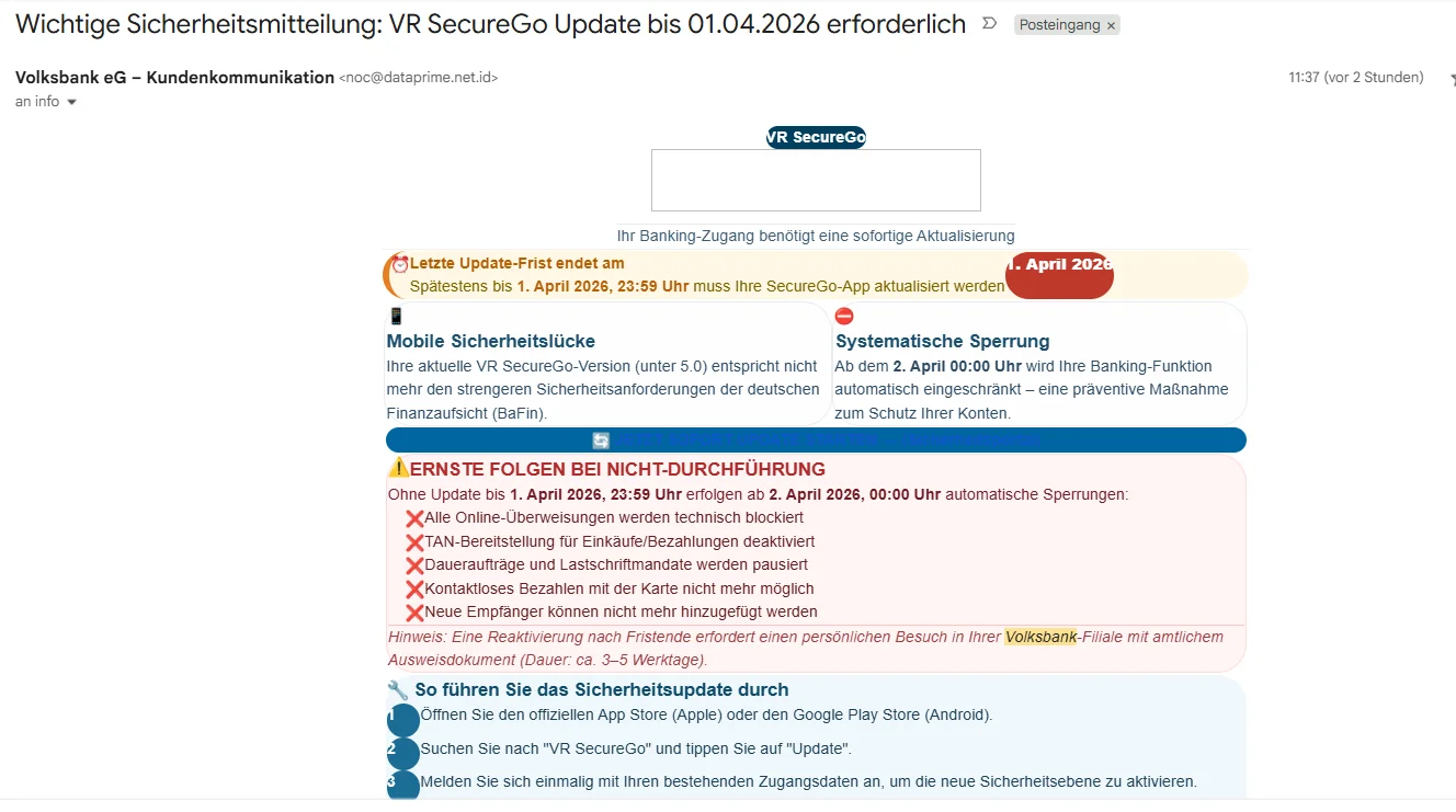 Detailansicht der gef&auml;lschten Volksbank-Mail: Absender, Frist und Drohungen mit Kontosperrung