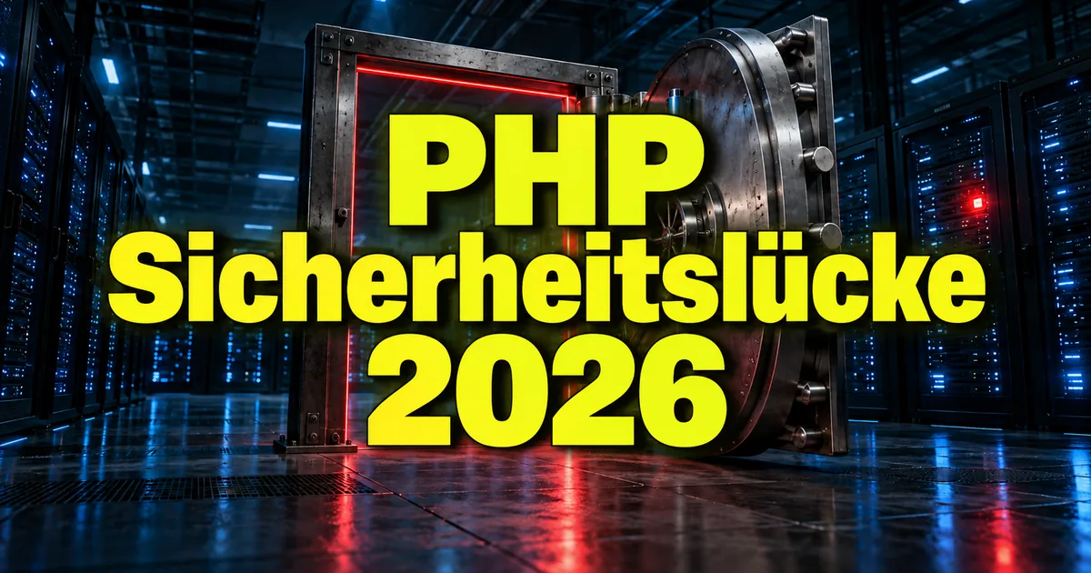 Offene Tresort&uuml;r ohne Wand in einem Rechenzentrum, Schriftzug PHP Sicherheitsl&uuml;cke 2026