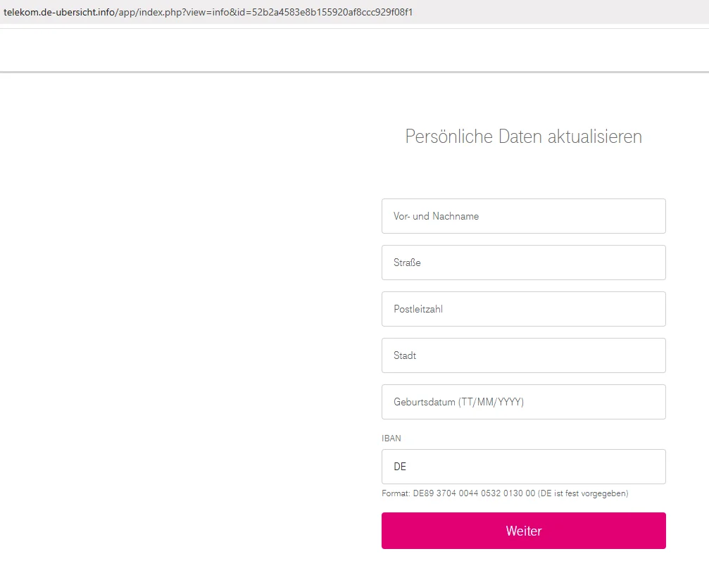 Screenshot: Phishing-Seite telekom.de-ubersicht.info fragt Name, Adresse und IBAN ab